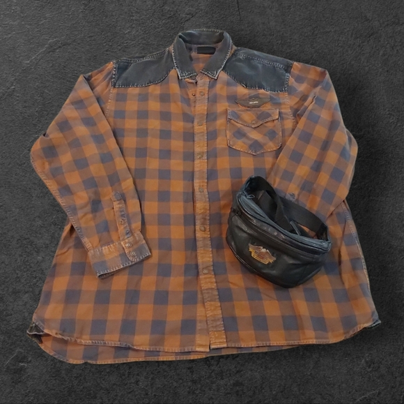 Harley-Davidson Other - Harley-Davidson Brown Plaid Long Sleeve Button-Up Size 2XL & Leather Fanny Pack